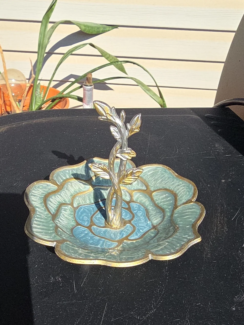 Decorative Blue-Green Floral Jewelry Holder with Gold Accent